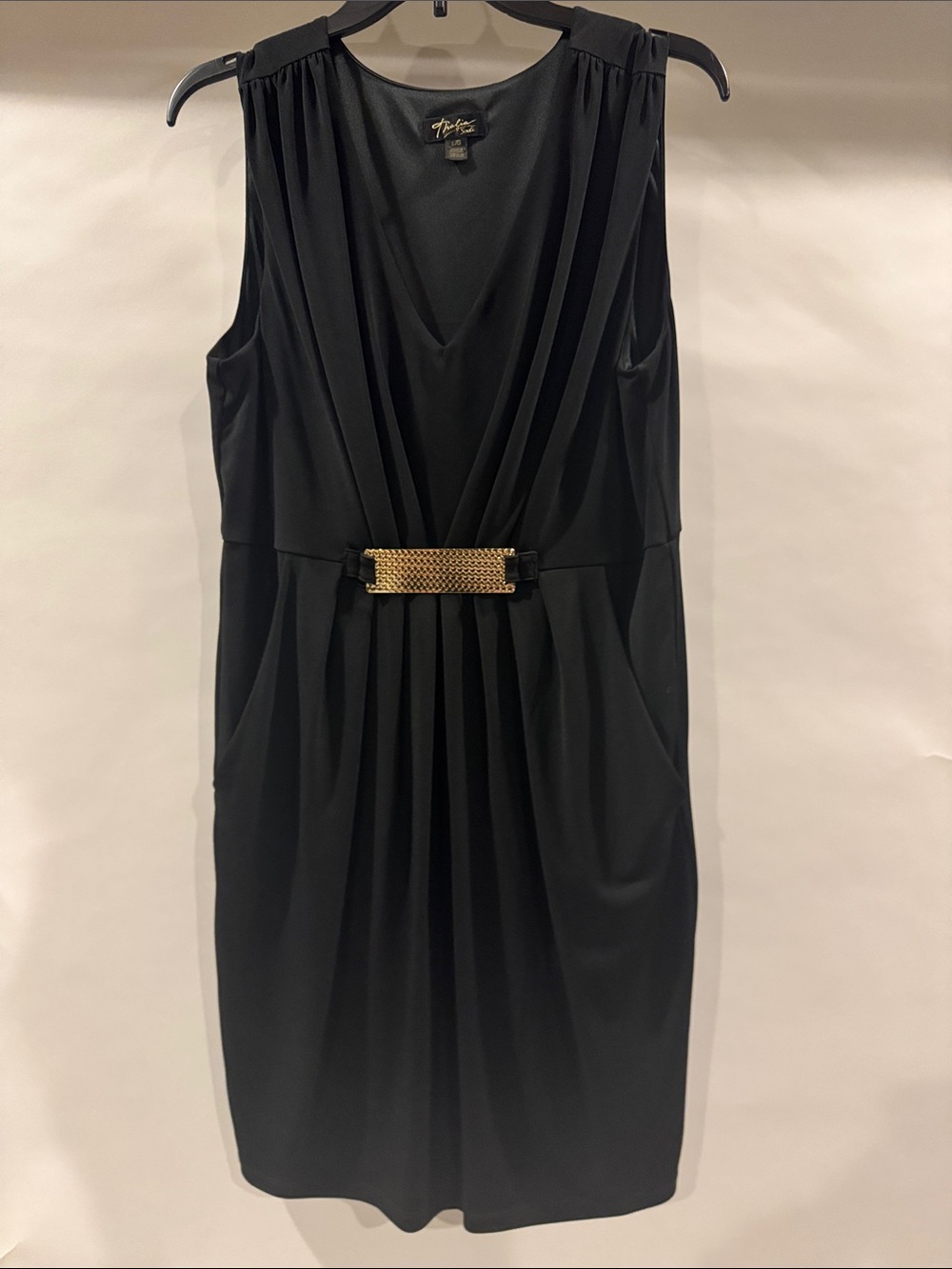 Thalia Sodi Black Sleeveless Draped Dress with Gold Accent